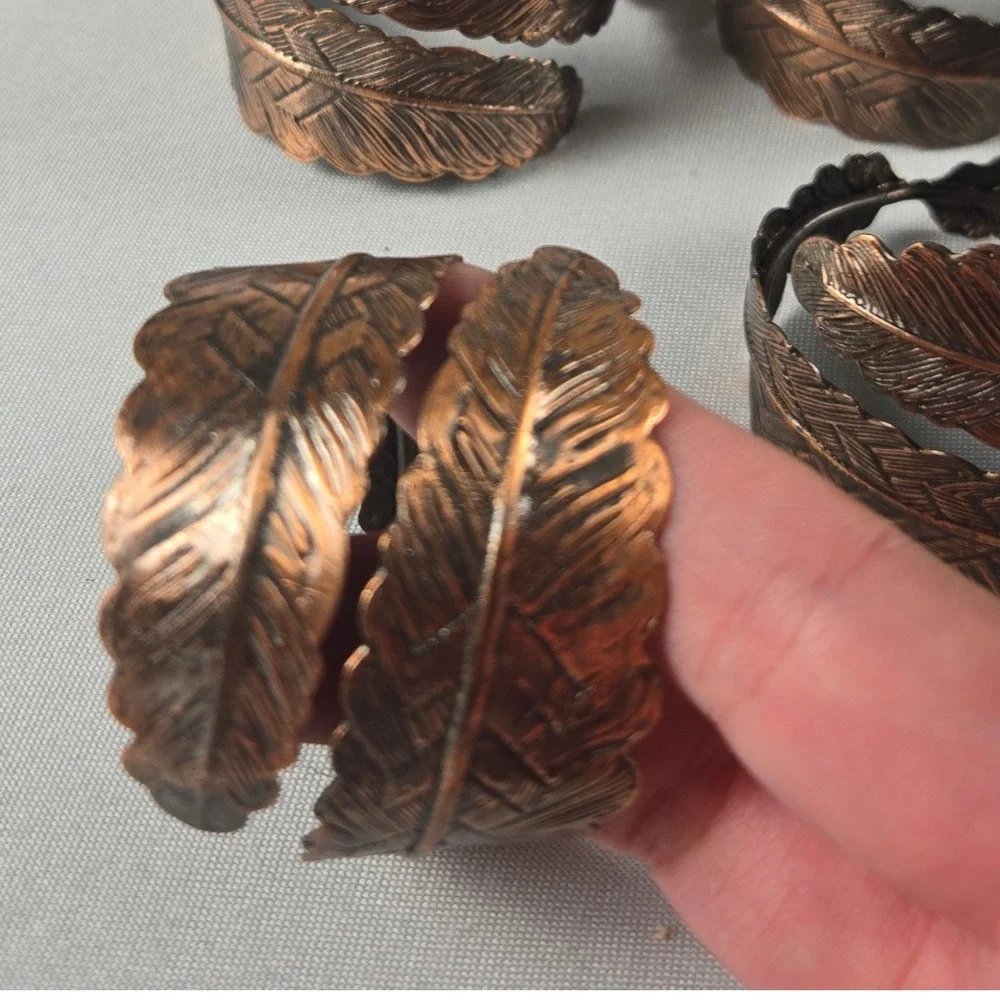 Vintage Set of 6 Copper Tone Feather Napkin Rings Metal Rustic Thanksgiving Boho